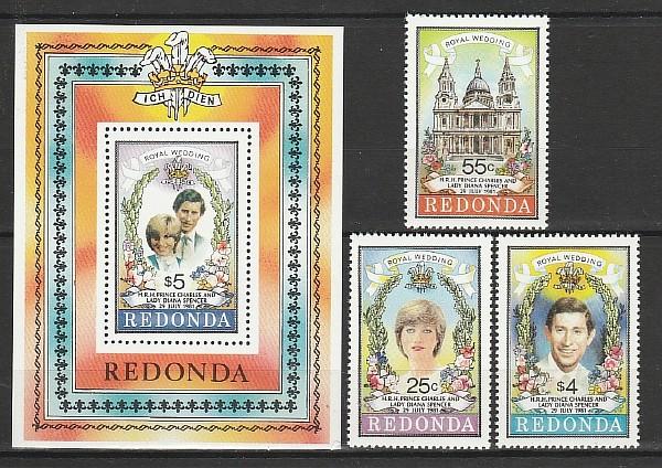 Редонда 1981, Свадьба Дианы и Принца Чарльза, 3 марки + блок